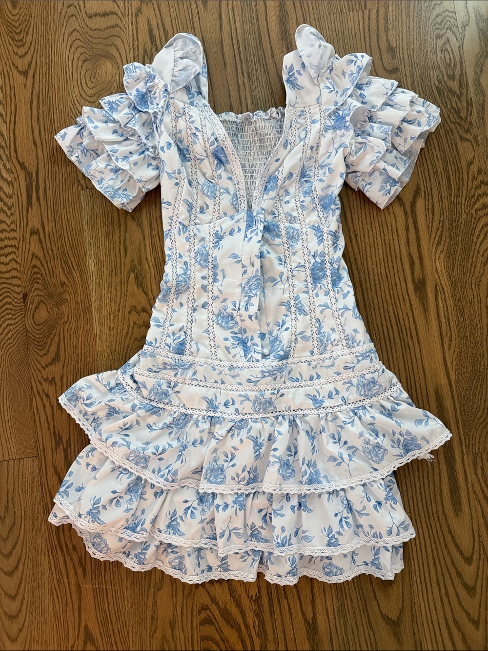 Blue Floral Ruffle Mini Dress with Puff Sleeves